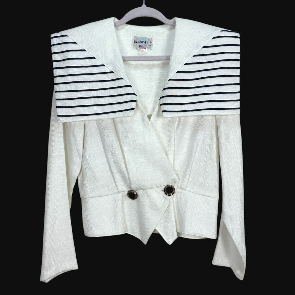 Vintage Oscar & Me Nautical Sailor Collar Blazer White Striped Rayon Jacket 7/8